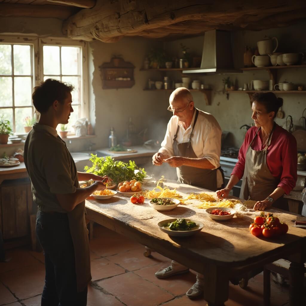 Elderly local Italian chef demonstrating pasta-making technique to students around a wooden kitchen table filled with fresh tomatoes, basil, local cheeses and warm terracotta tile floor, illuminated by soft afternoon light through window