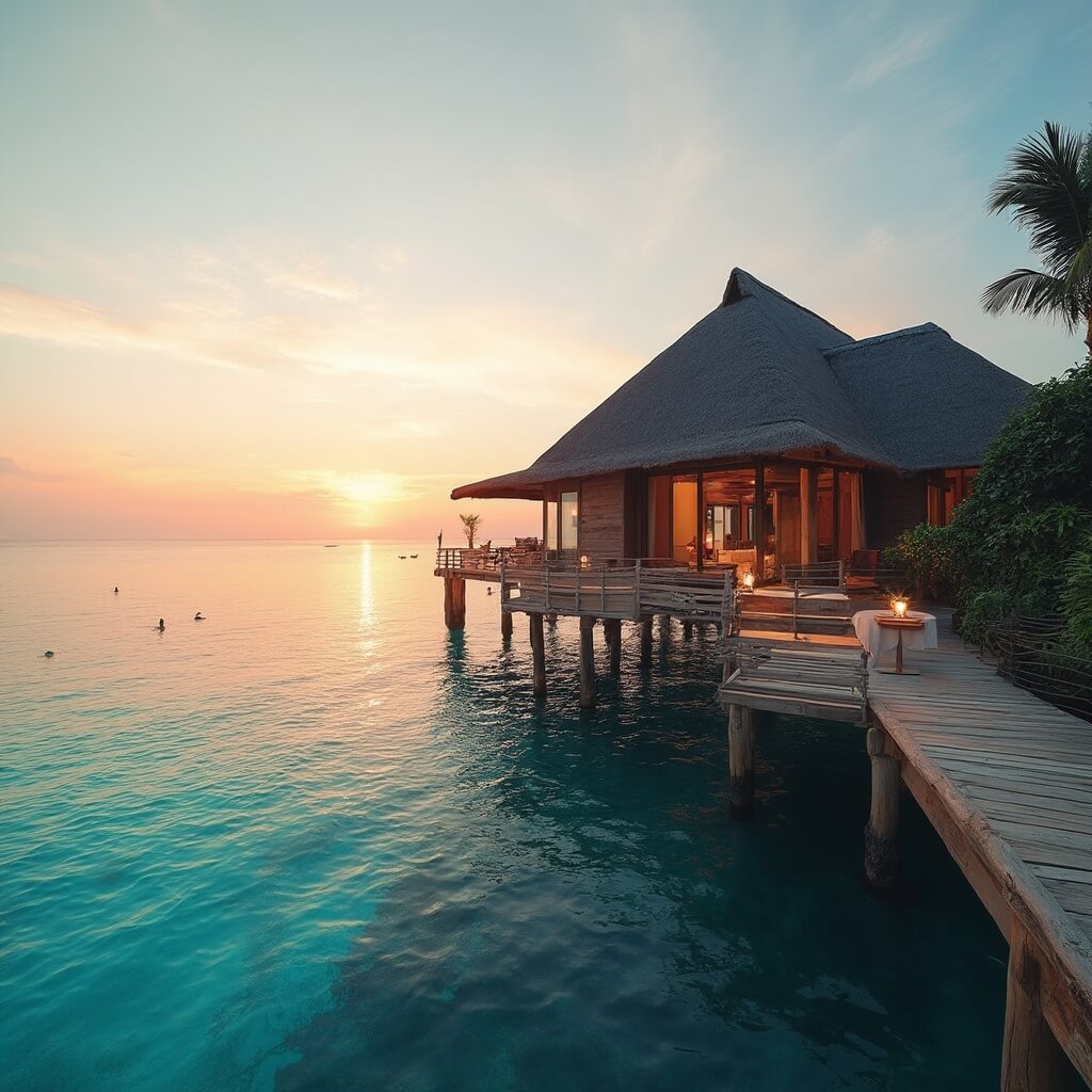 Luxurious overwater villa at sunset with a wooden walkway extending into calm azure waters, reflecting soft golden light