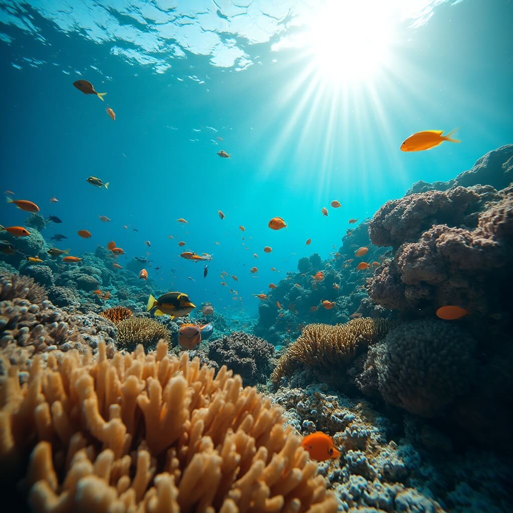 Underwater view of vibrant coral reefs and tropical fish in the Maldives, illuminated by sunlight through clear water