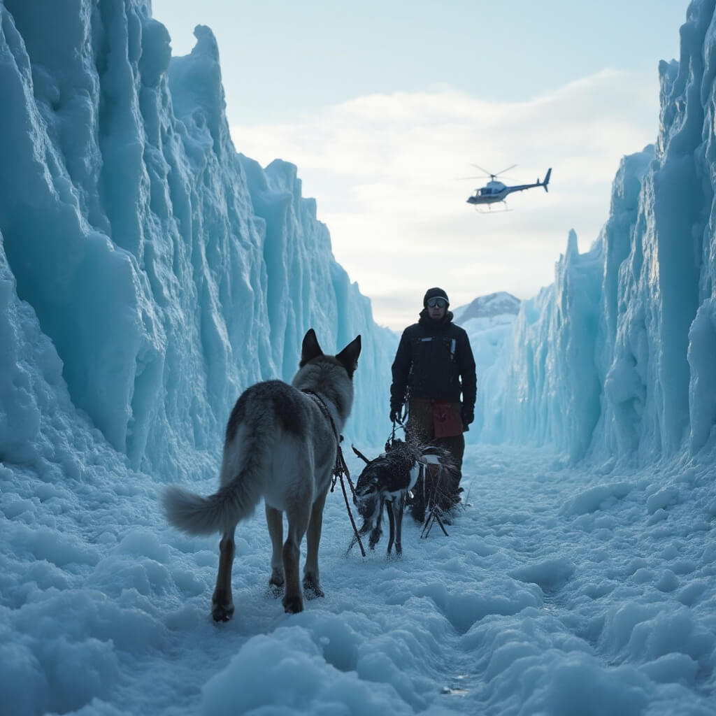 Musher and lead sled dog silhouetted against glacier backdrop with distant helicopter, embodying human-canine partnership in extreme conditions