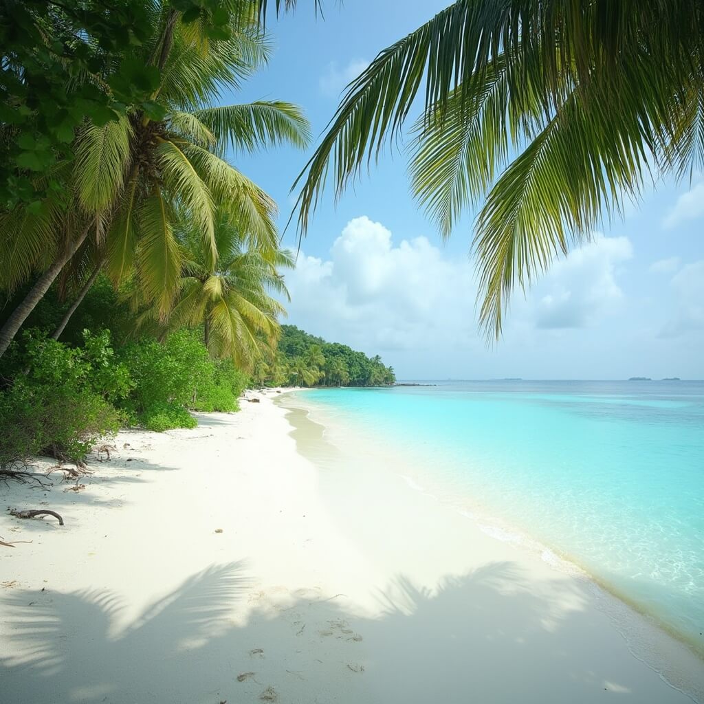 Untouched Maldivian beach with white sand, clear turquoise waters, and swaying palm trees in soft sunlight