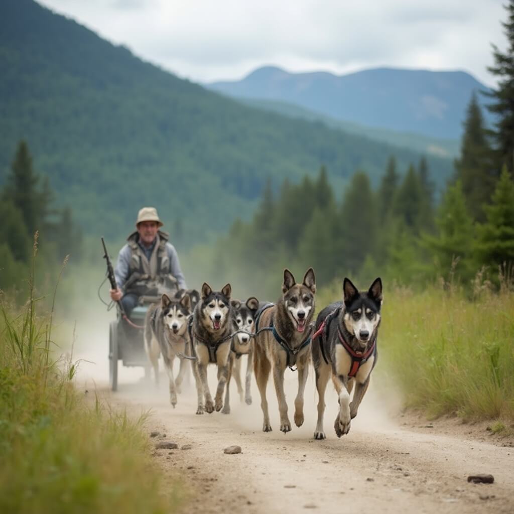Sled dogs pulling a wheeled cart on a dusty Alaskan trail amidst green forest and rolling hills during summer
