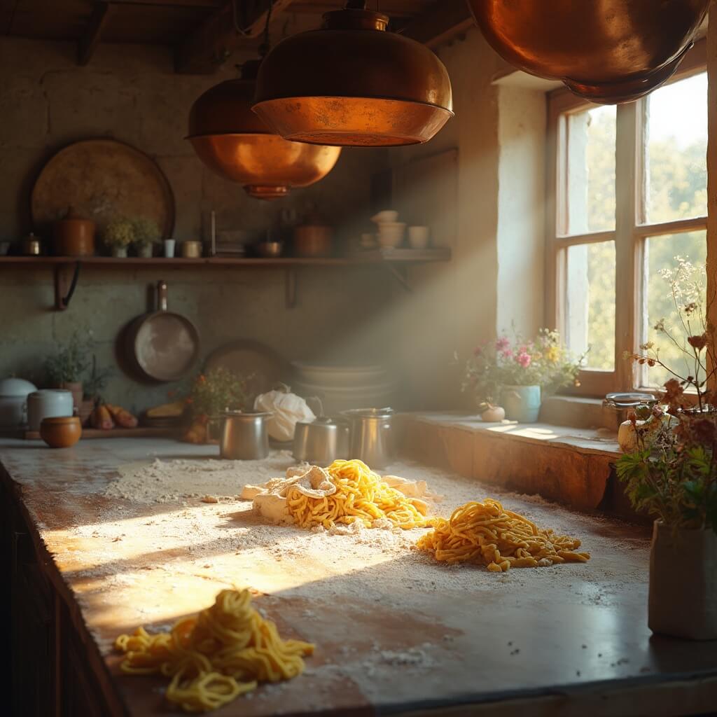 Hands kneading pasta dough in a sunlit rustic Tuscan kitchen with wooden countertops, hanging aged copper pots, and flour scattered on marble surface