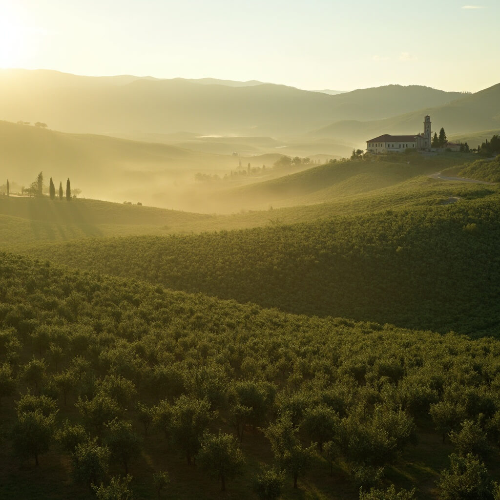 Sunlit Tuscan countryside with rows of olive trees, distant farmhouse with terracotta roof, green hills and morning mist in valley