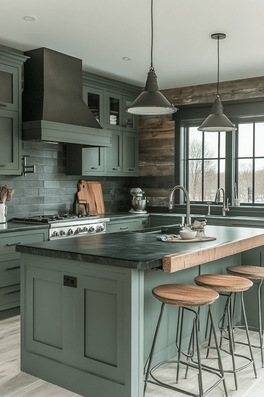 pewter green kitchen cabinets