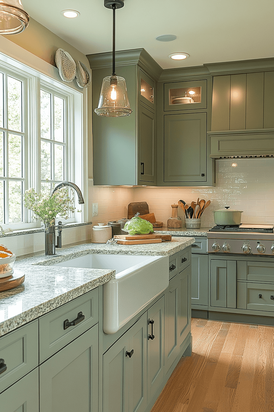 pewter green kitchen cabinets
