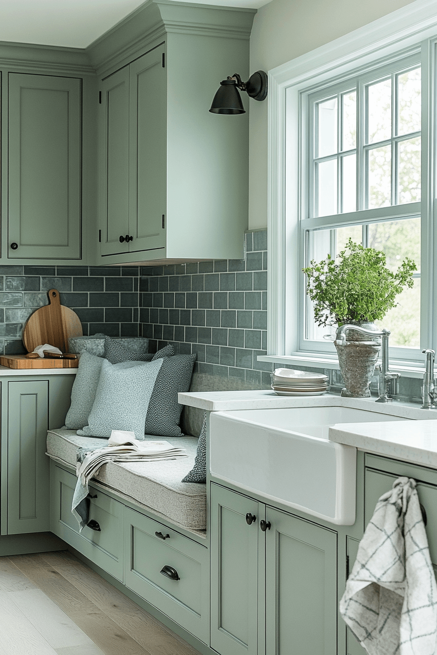 pewter green kitchen cabinets