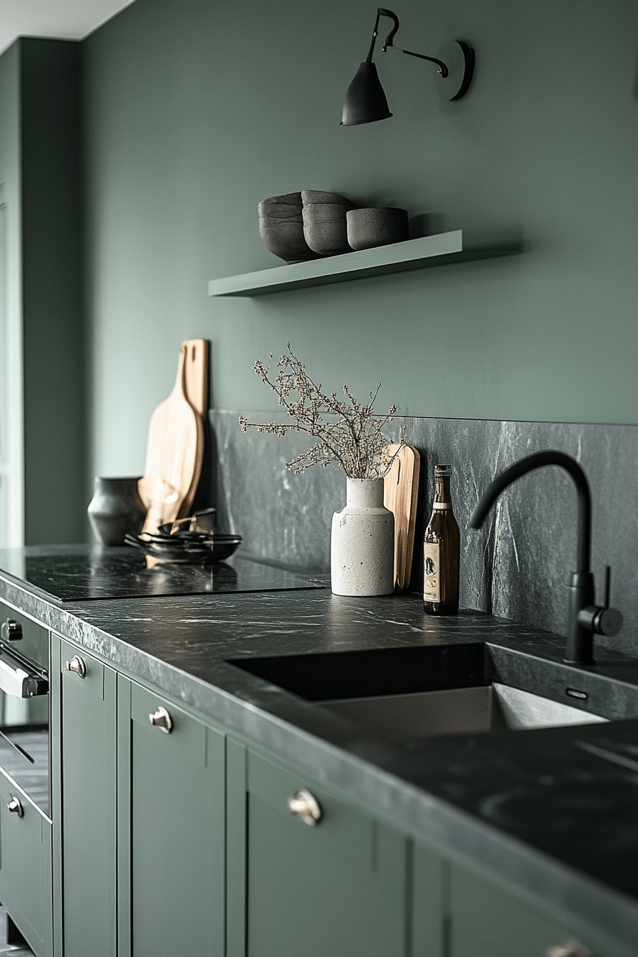pewter green kitchen cabinets