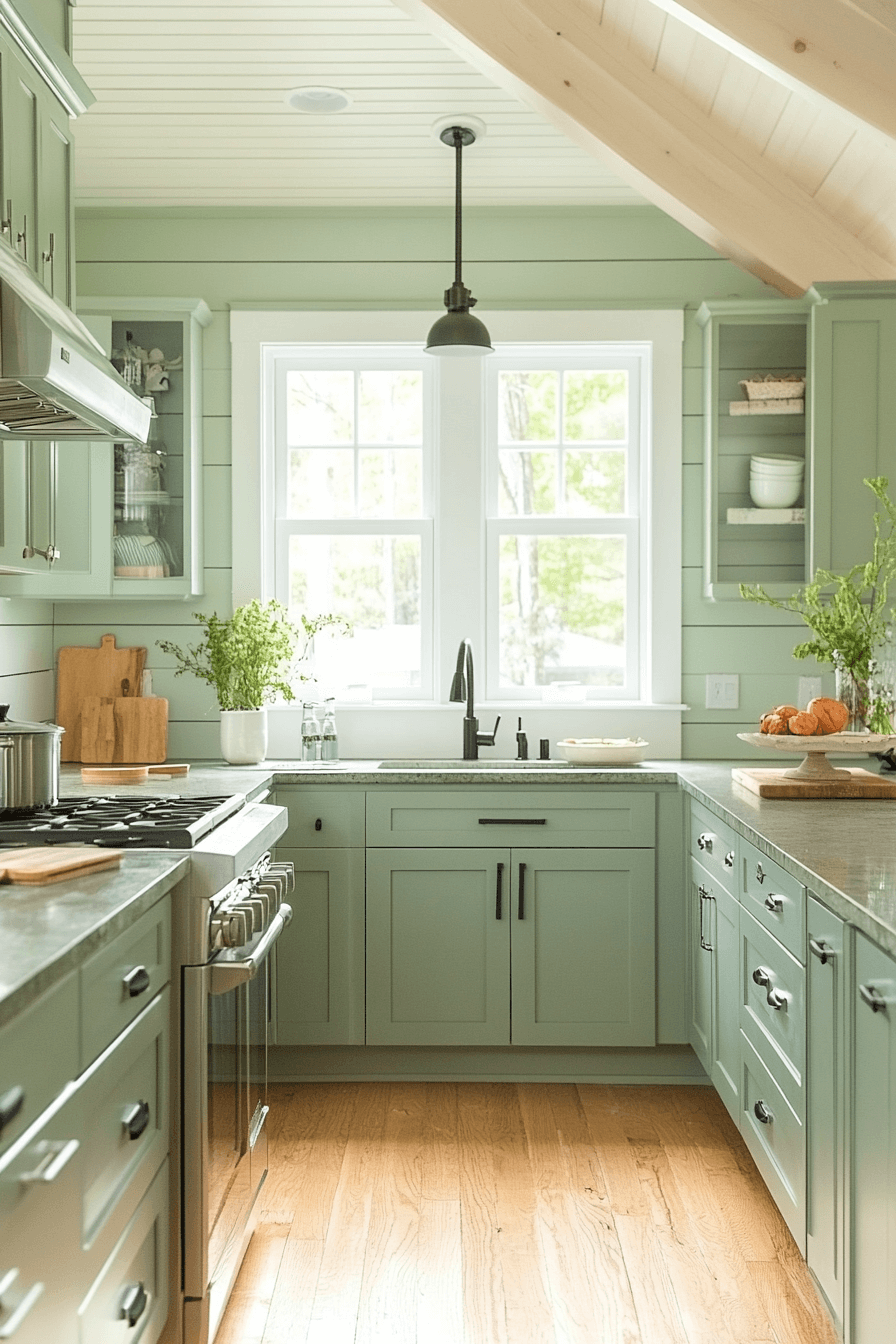 pewter green kitchen cabinets