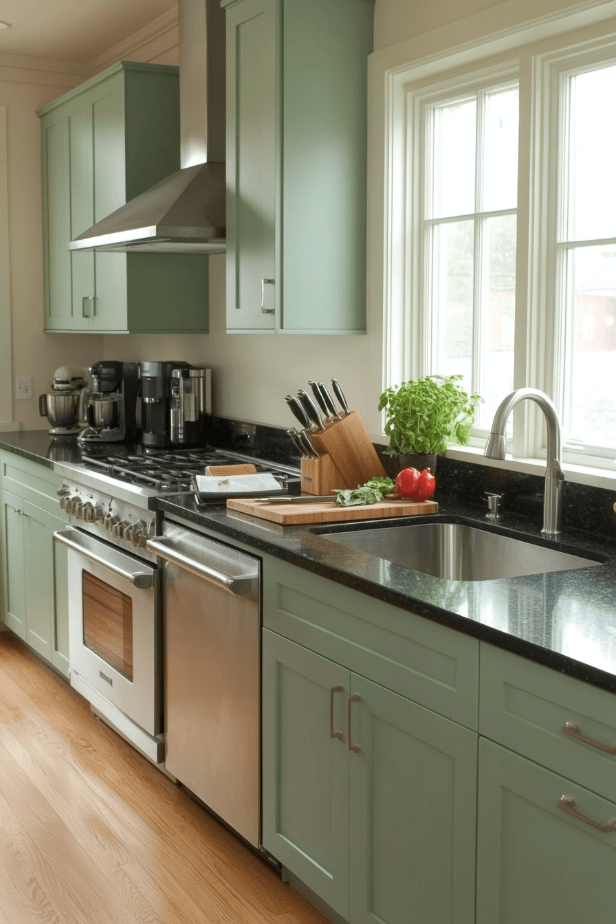 pewter green kitchen cabinets