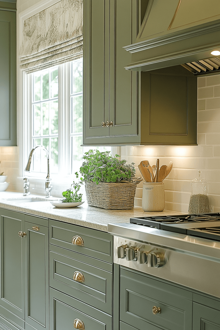 pewter green kitchen cabinets