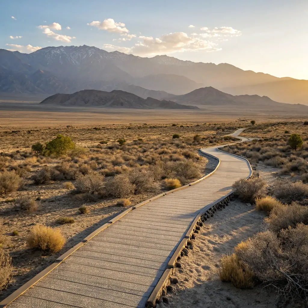 Desert landscape with wheelchair-accessible trail, long shadows, and mountain silhouettes at dawn indicating accessibility and natural beauty