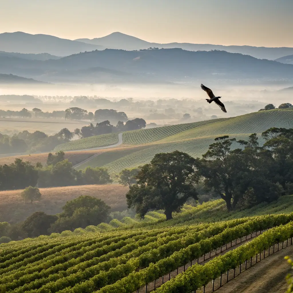 Rare bird of prey soaring over Alexander Valley's vineyards with misty morning light casting soft shadows and distant mountains in the background
