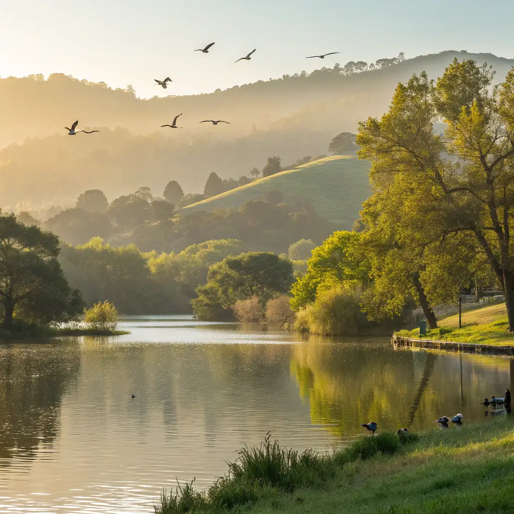 Early morning at Almaden Lake Park with soft sunlight filtering through trees, serene lake reflection, flying birds and lush greenery without human presence