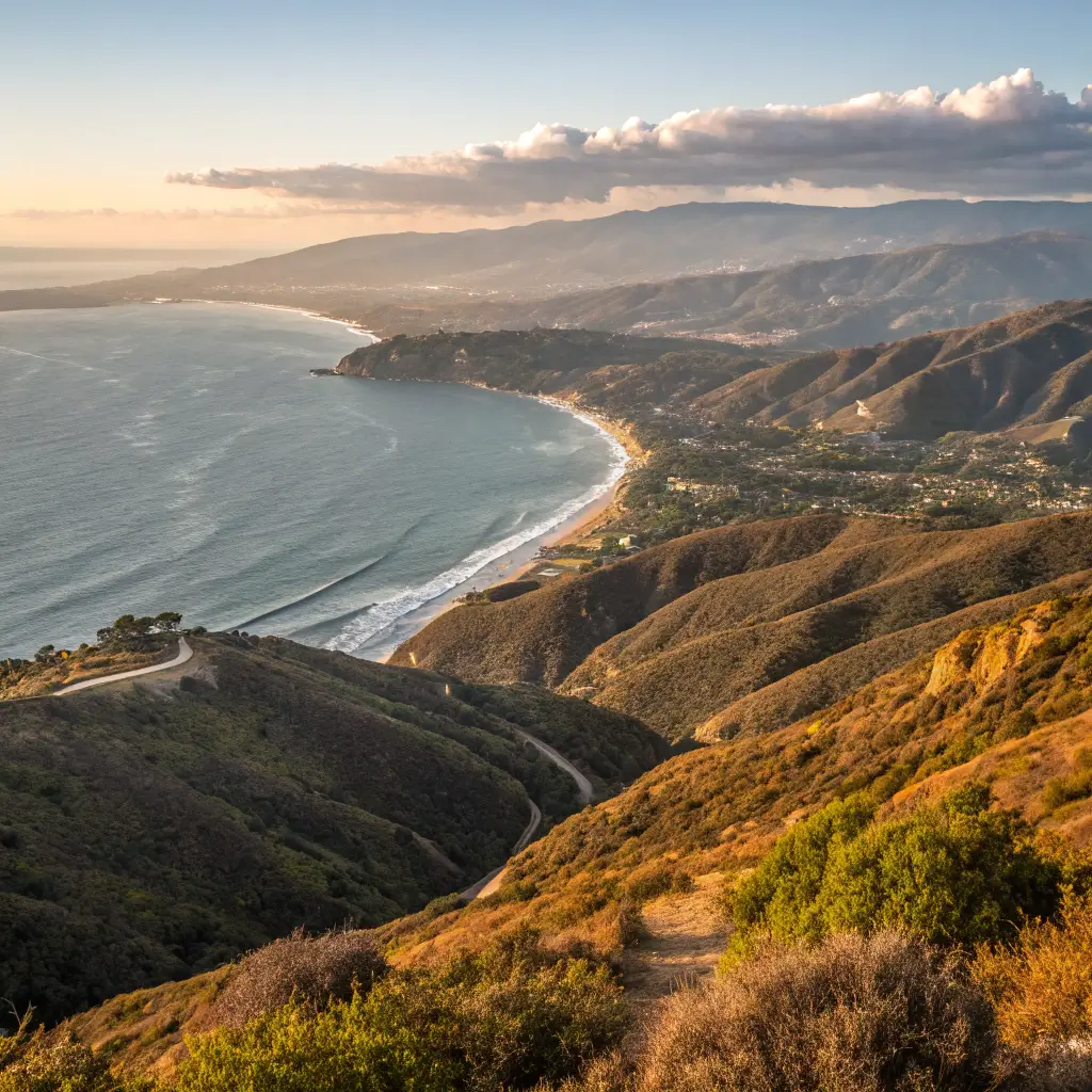 Panoramic view of the Pacific Ocean coastline from Top of the World trail in Alta Laguna Park with rolling hills in the foreground and golden afternoon sunlight illuminating the scene