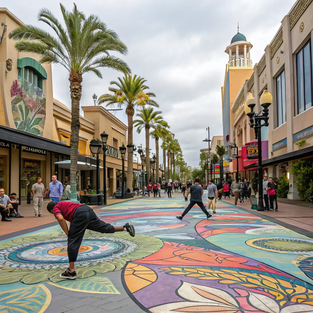 Colorful public art installations, street performers and architectural details in a lively scene at Anaheim's Center Street Promenade