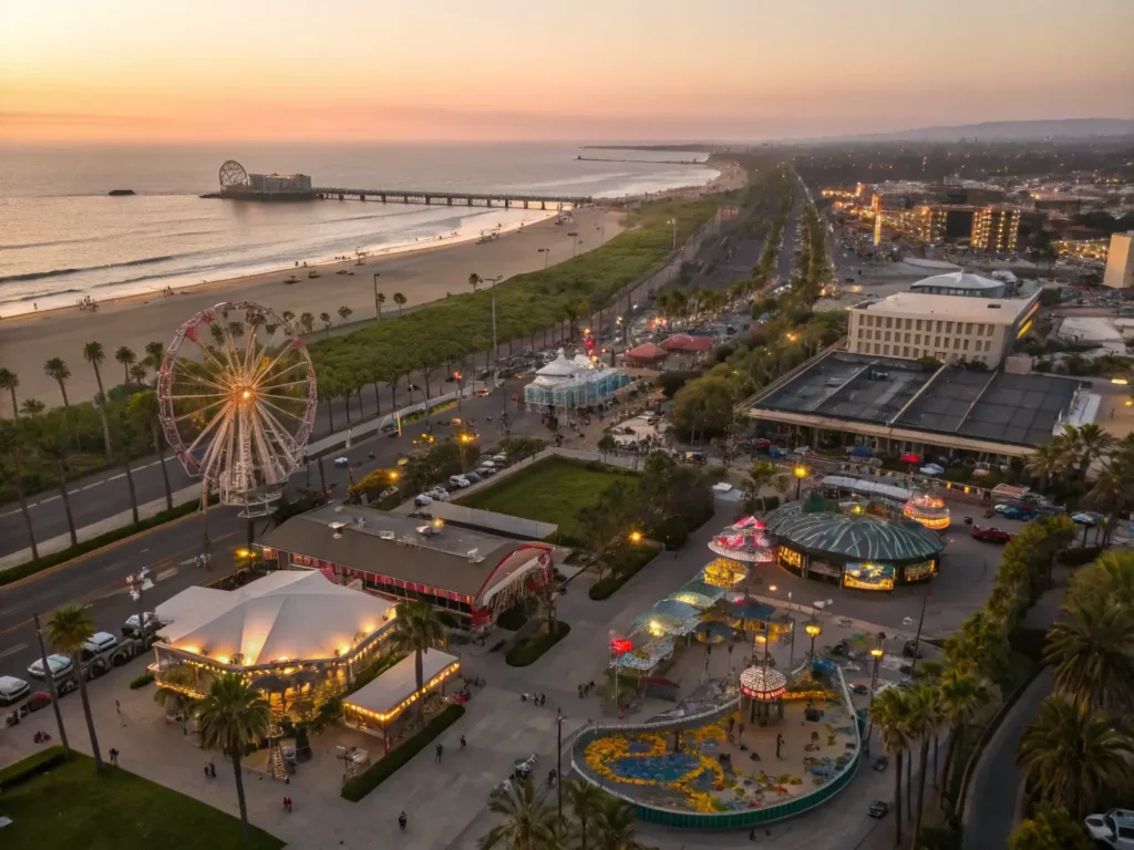 "Aerial view collage of Anaheim's free attractions including Yorba Regional Park, Downtown Disney, Center Street Promenade, Anaheim Packing District, Oak Canyon Nature Center, with palm trees, Huntington Beach Pier, and people enjoying activities, enhanced with warm, golden-hour lighting."