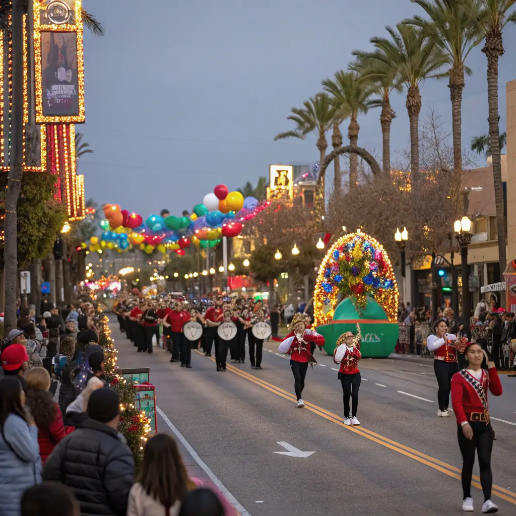 Festive community holiday parade in Anaheim with colorful decorations and diverse participants, reflecting local celebration and dynamic movement.