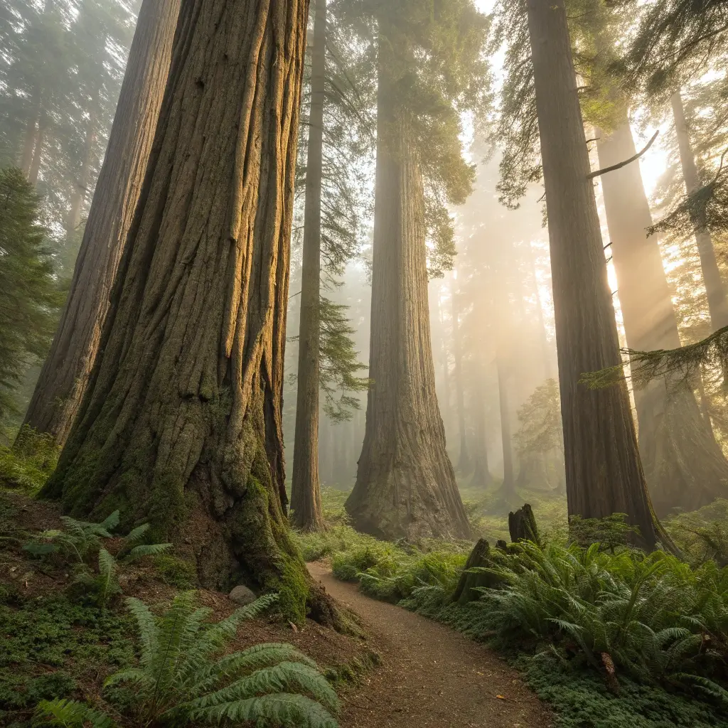 Misty early morning panorama in ancient redwood forest with golden light filtering through massive trees