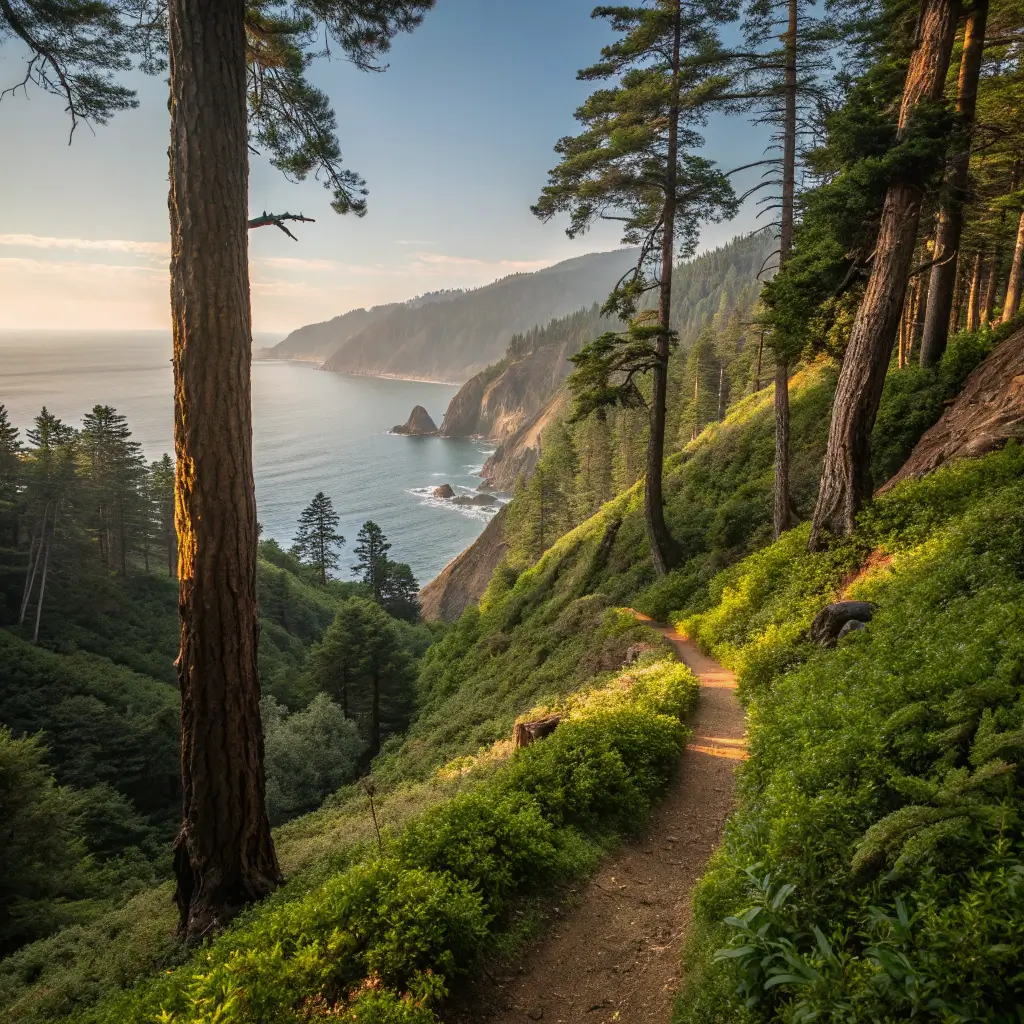 Hiking trail in the serene redwood forest of Andrew Molera State Park transitioning to a coastal vista with rocky cliffs and the distant Pacific Ocean, bathed in golden hour light.