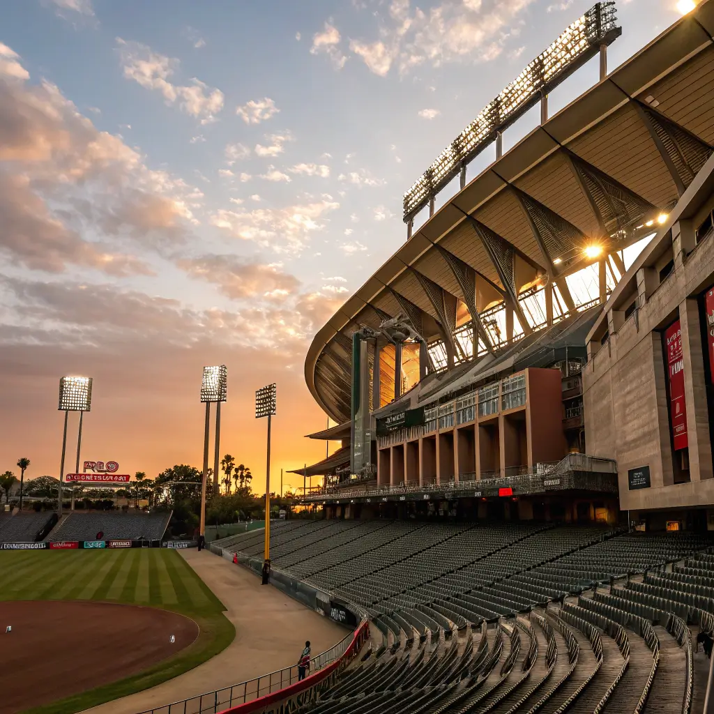 Exterior view of Angel Stadium at sunset, showcasing its grand architecture and massive scale with no crowds