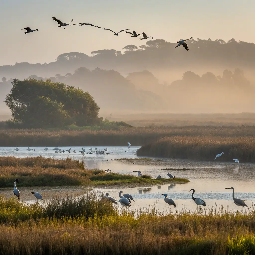 Migratory birds in flight and perched near water at Arcata Marsh, with misty wetlands in the background in soft early morning light
