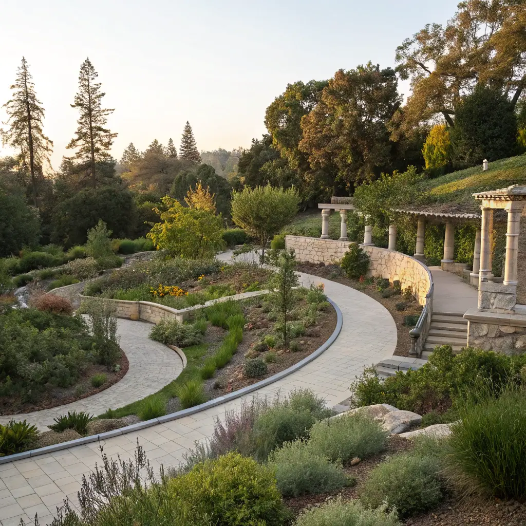 Scenic view of Arlington Garden featuring native California plants, winding paths, stone structures under soft natural light