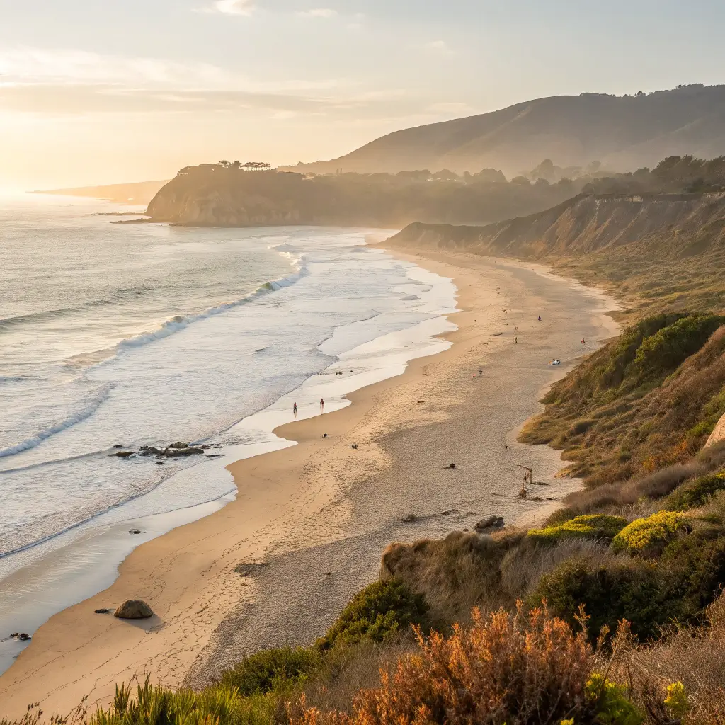 Panoramic morning view of Arroyo Burro Beach with wildlife on the shoreline, illuminated by the soft golden sunlight, and gentle waves lapping the sandy shore in a natural landscape photography style with no people.