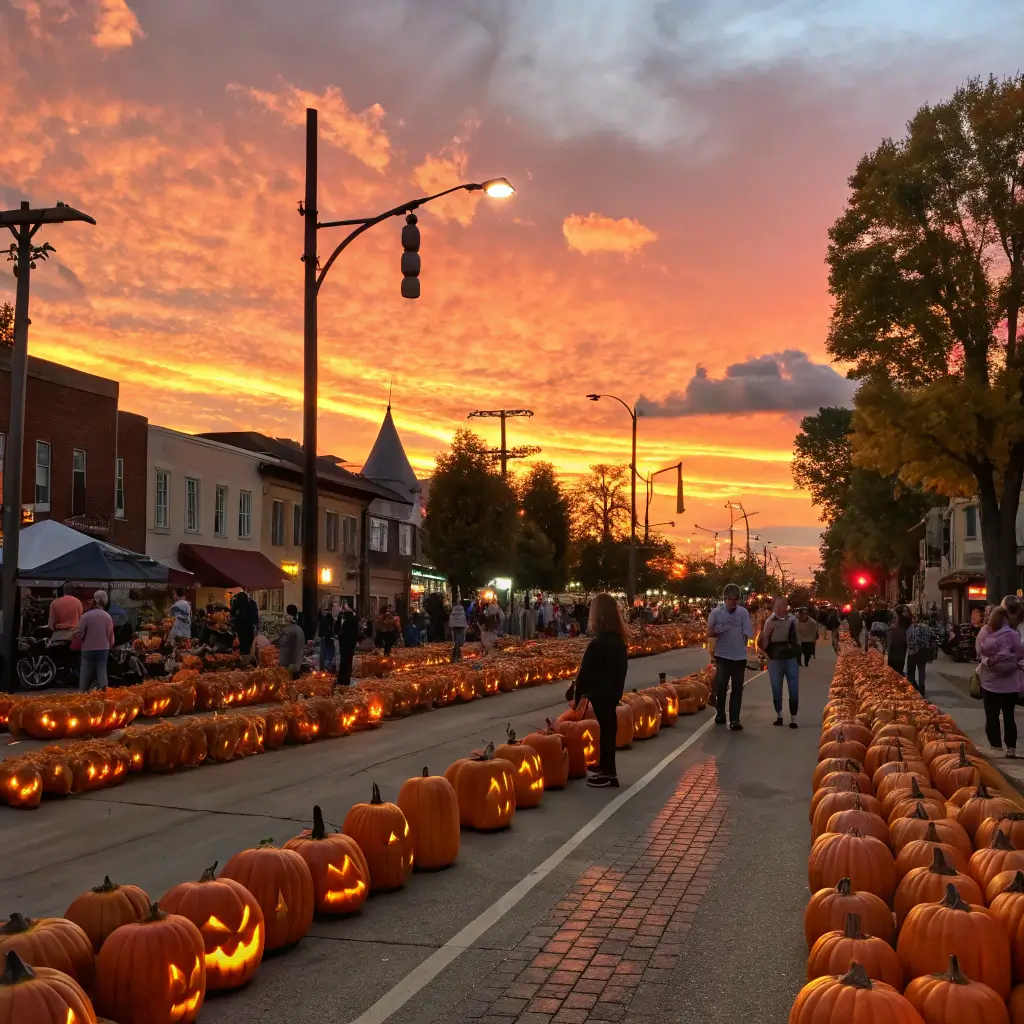 Sunset at the Art & Pumpkin Festival with hundreds of intricately carved pumpkins illuminating a town street and community members enjoying the event in the background