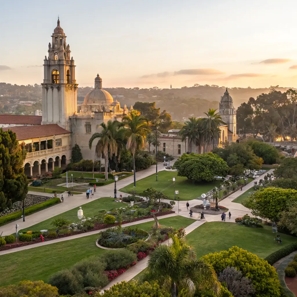 Golden hour at Balboa Park with lush green spaces, historic Mission Revival architecture, and intricate gardens illuminated by soft warm light