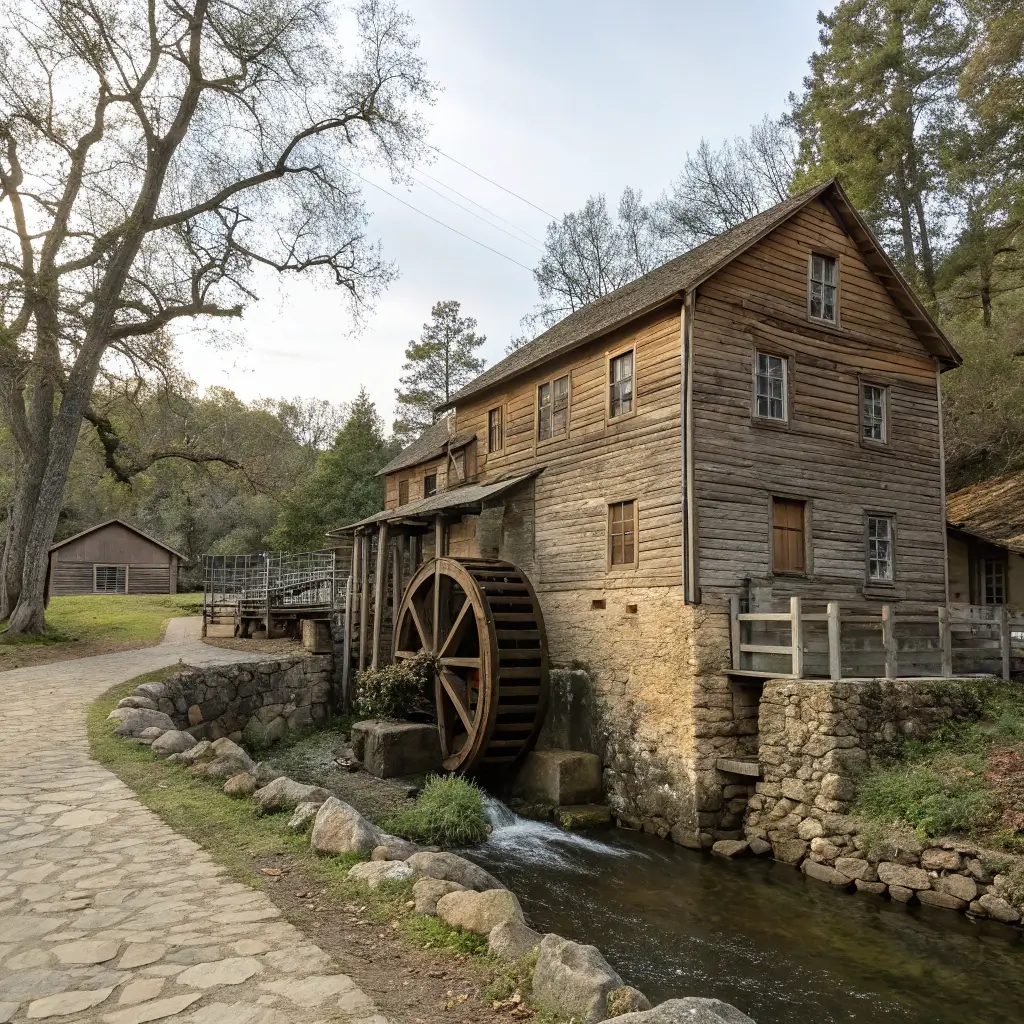 Traditional wooden water wheel and mill structure in Bale Grist Mill State Historic Park with gentle natural lighting