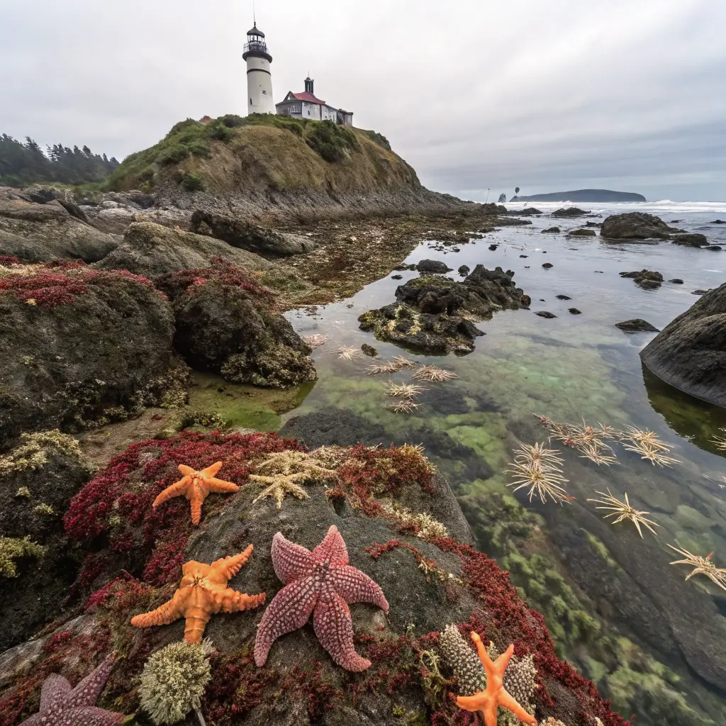 Panoramic view of Battery Point Lighthouse coast at low tide with visible tide pools, sea stars and other marine life, under soft overcast lighting