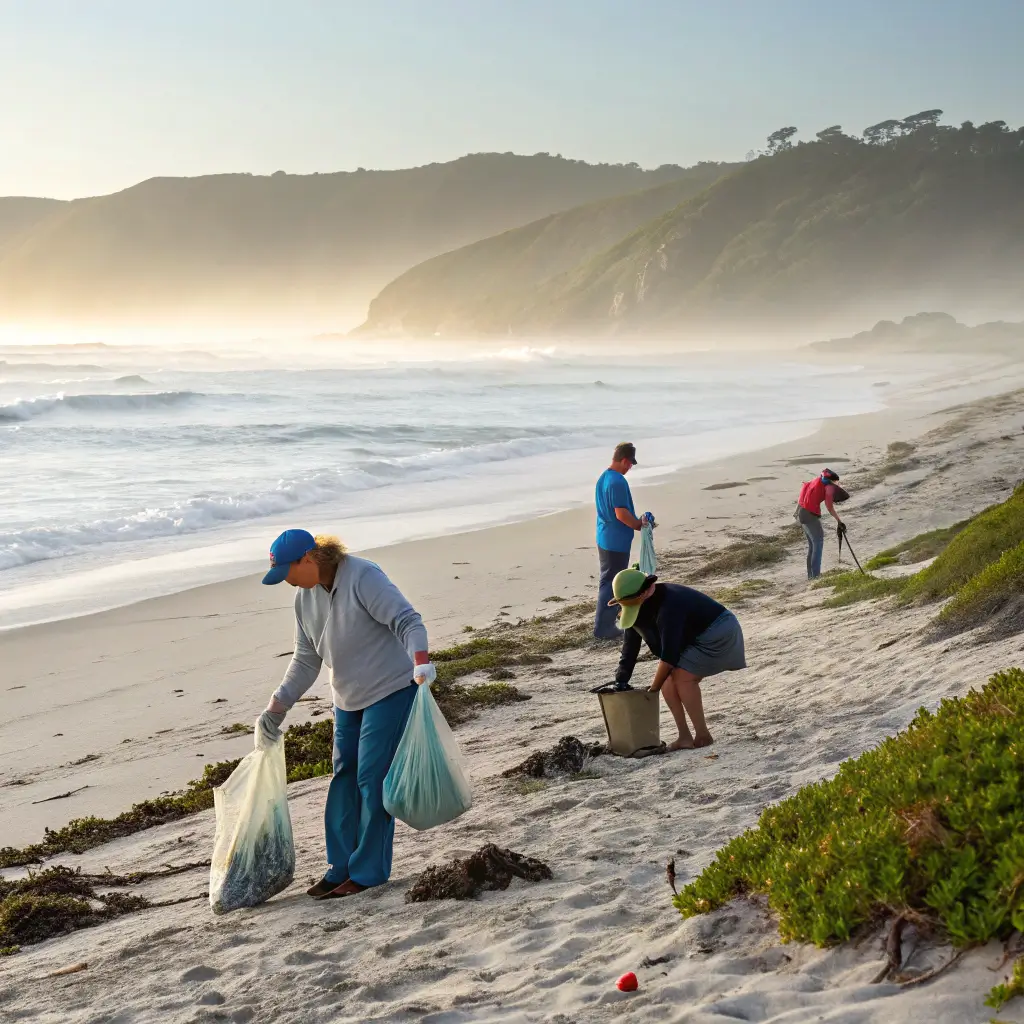 Volunteers picking up trash during an early morning beach cleanup, marine biologists demonstrating conservation techniques, with misty ocean waves in the background