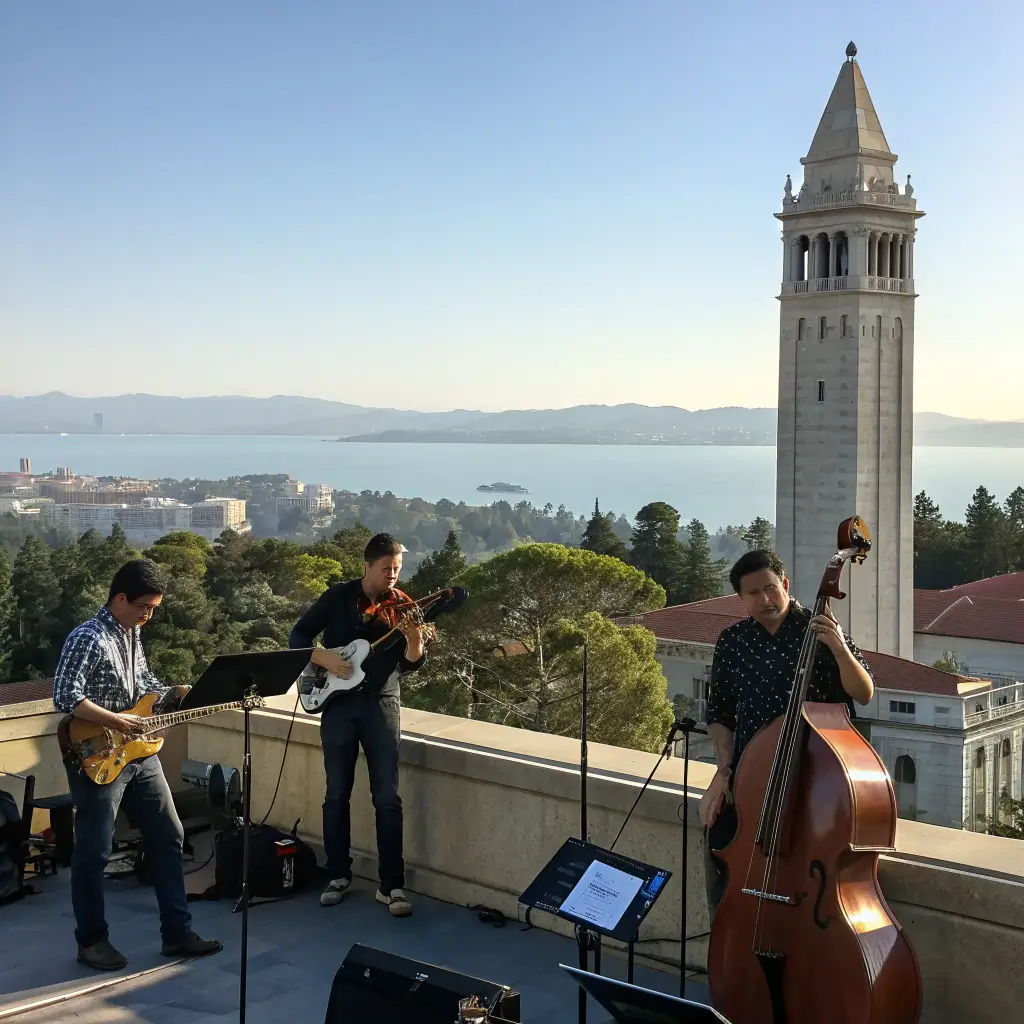 Unlock Berkeley's Hidden Treasures: 25+ Mind-Blowing Free Experiences You Can't Miss Musicians performing live at the Campanile Carillon, with UC Berkeley campus and Bay Area views in the background