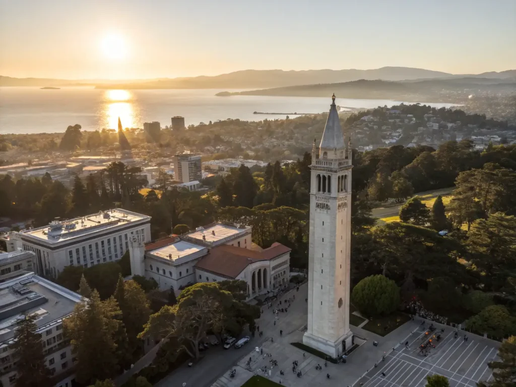 Unlock Berkeley's Hidden Treasures: 25+ Mind-Blowing Free Experiences You Can't Miss "Aerial view of Berkeley landmarks at sunset, featuring activities like students lounging at Memorial Glade, hikers at Tilden Park, museum visitors at BAMPFA, and performers at Sproul Plaza, with UCB Campanile tower, Berkeley Hills, and San Francisco Bay in the backdrop."
