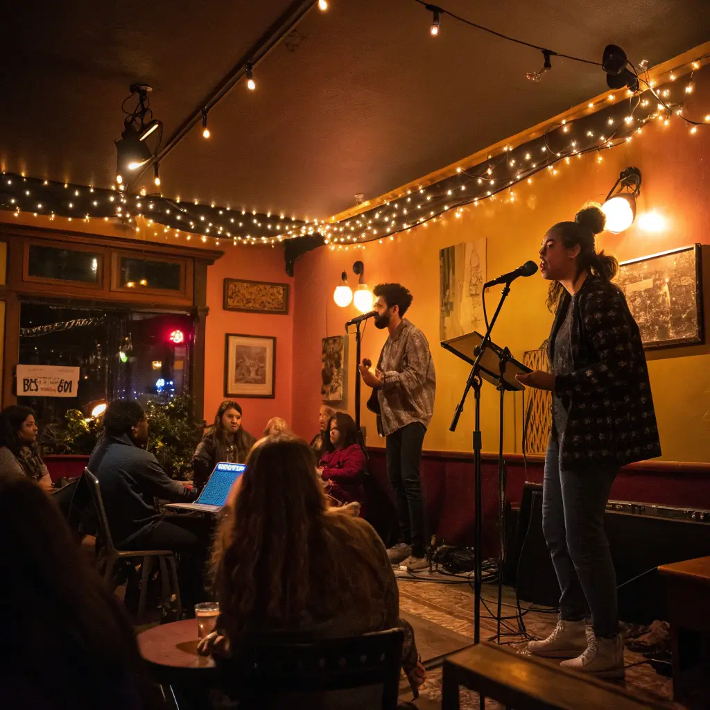 Unlock Berkeley's Hidden Treasures: 25+ Mind-Blowing Free Experiences You Can't Miss Diverse performers on a small stage at a vibrant open mic night in a cozy Berkeley cafe with warm lighting, audience silhouettes, intimate artistic atmosphere, and visible musical instruments and microphone