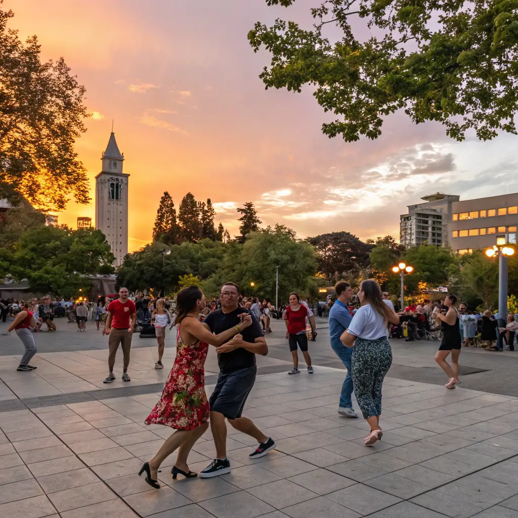 Unlock Berkeley's Hidden Treasures: 25+ Mind-Blowing Free Experiences You Can't Miss Salsa dancers performing dynamic movements in colorful summer attire at an outdoor plaza in Berkeley during sunset, with blurred motion creating a lively atmosphere against a backdrop of urban buildings and trees.