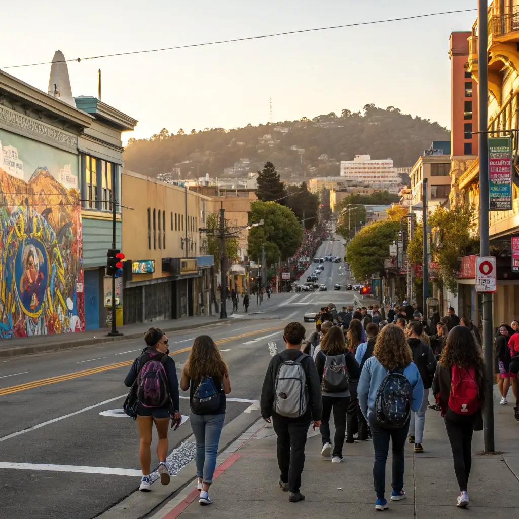 Unlock Berkeley's Hidden Treasures: 25+ Mind-Blowing Free Experiences You Can't Miss Diverse group of students walking on Telegraph Avenue in Berkeley, featuring street art, a mix of architectural styles, and a bohemian urban landscape bathed in late afternoon golden light