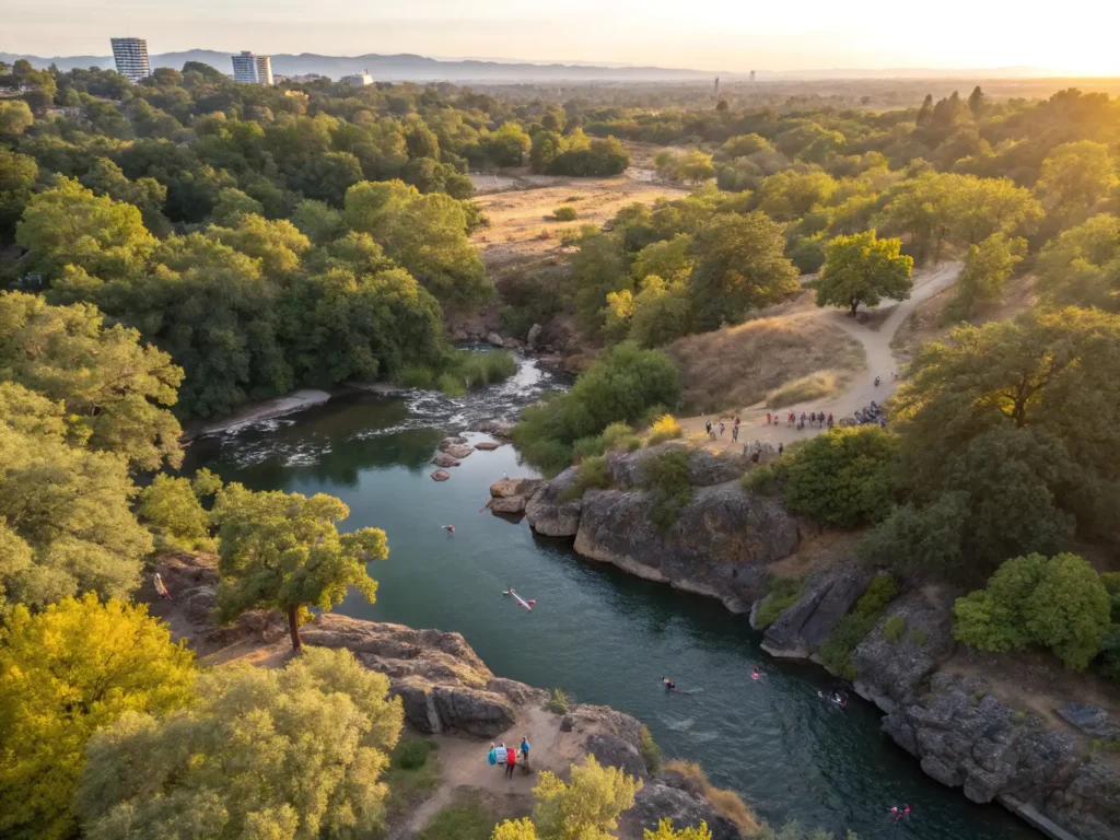 "Aerial view of Bidwell Park during golden hour showcasing Sycamore Pool, oak trees, swimmers, hikers, rock formations, wildflowers, and distant views of downtown Chico"