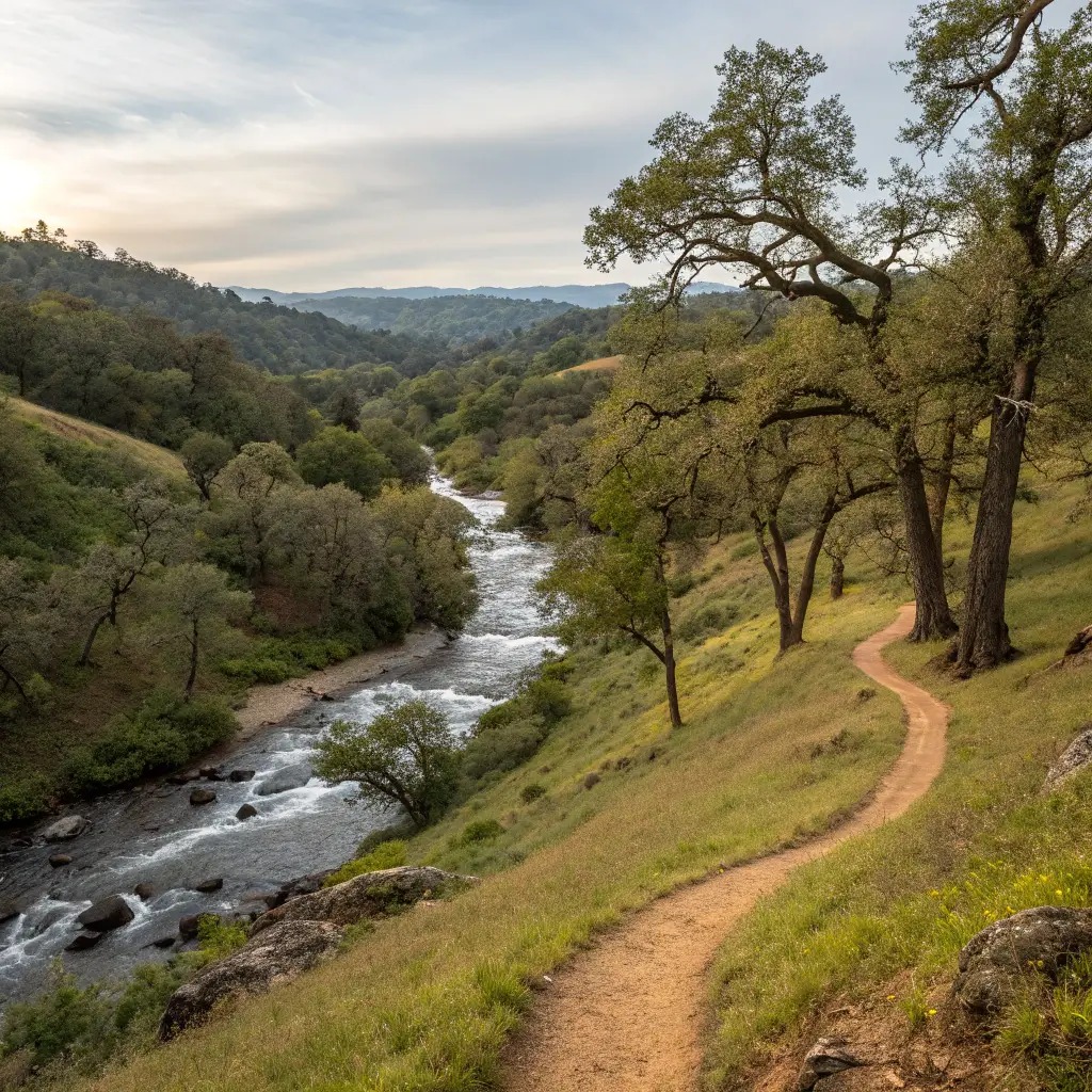 Chico's Hidden Treasure Trove: Incredible Free Adventures That'll Blow Your Mind! Winding hiking trail through lush oak woodland in Bidwell Park with a clear creek and soft morning light filtering through trees