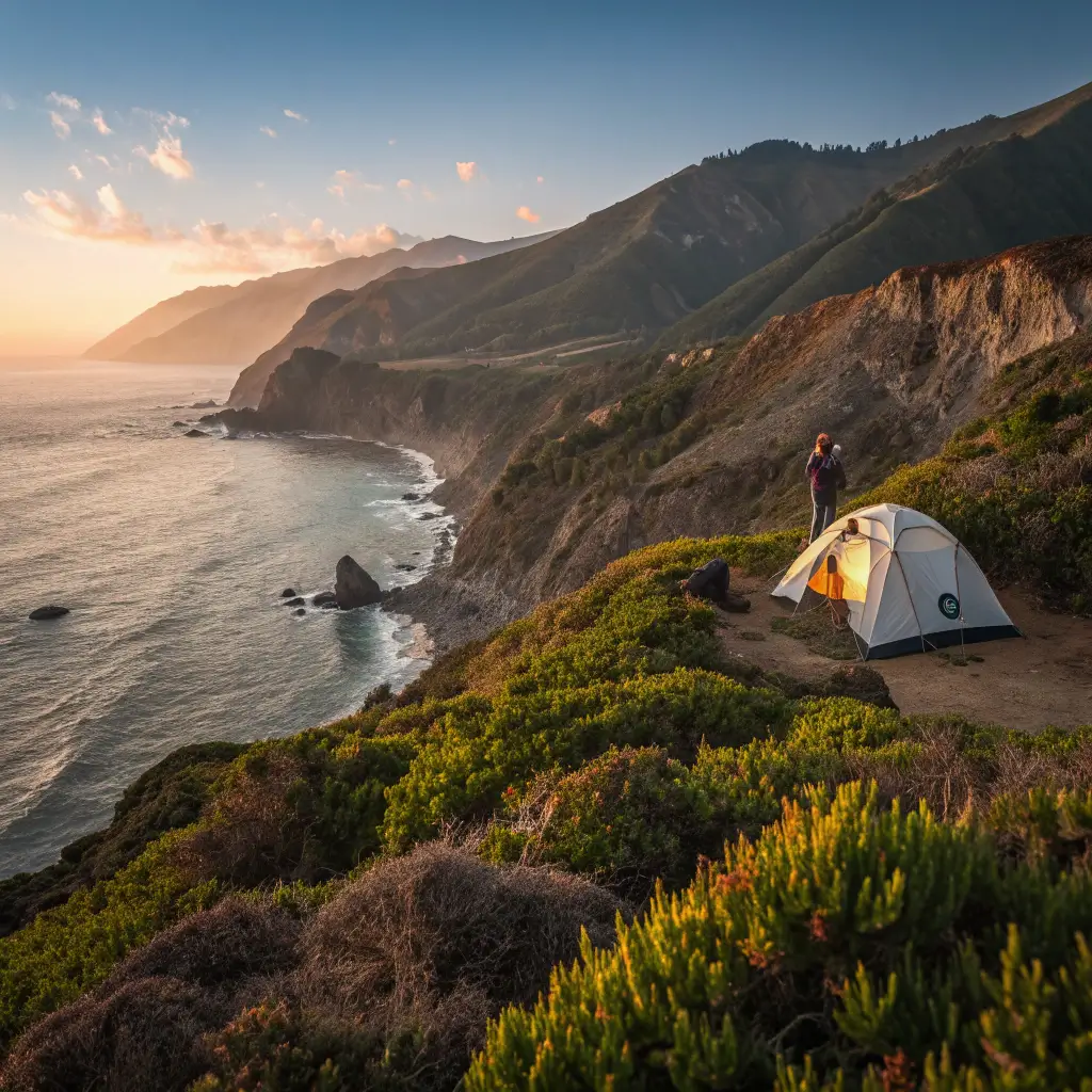 Tent on cliff edge at Kirk Creek Campground overlooking Pacific Ocean during golden hour with rocky coastline and green vegetation, Big Sur landscape
