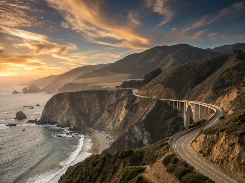 "Dramatic sunset shot of Big Sur coastline with Highway 1, Bixby Creek Bridge, crashing waves on rugged rocks, towering redwoods, a soaring California condor, and distant McWay Falls on beach."