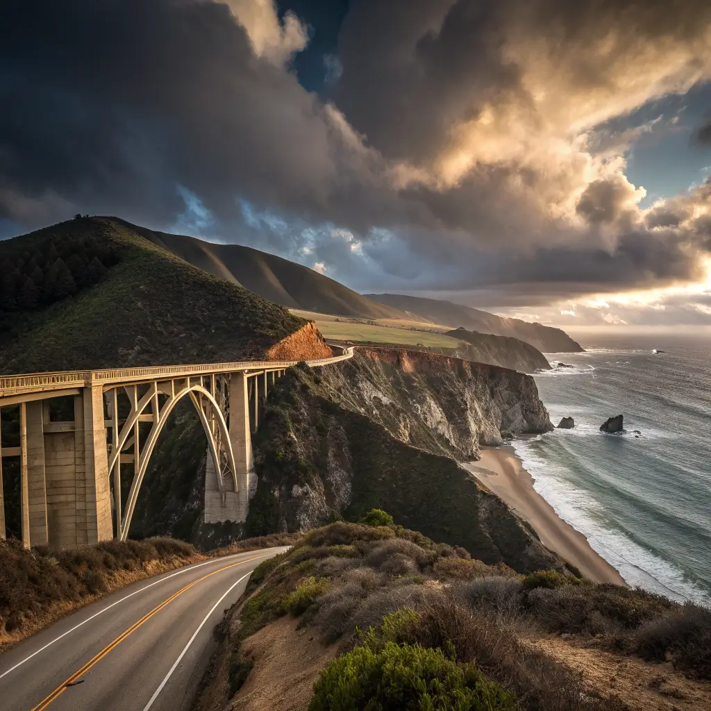 Bixby Creek Bridge in a breathtaking coastal scene against the Pacific Ocean background with dramatic clouds and soft coastal lighting