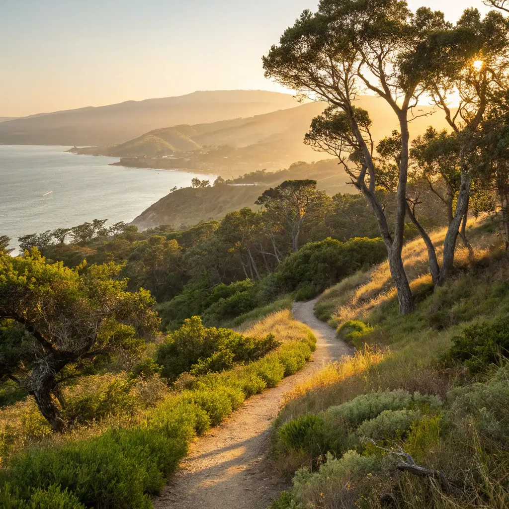Sweeping landscape of Bob Jones Trail at golden hour with sunlight filtering through coastal trees, hiking path winding towards distant Avila Beach