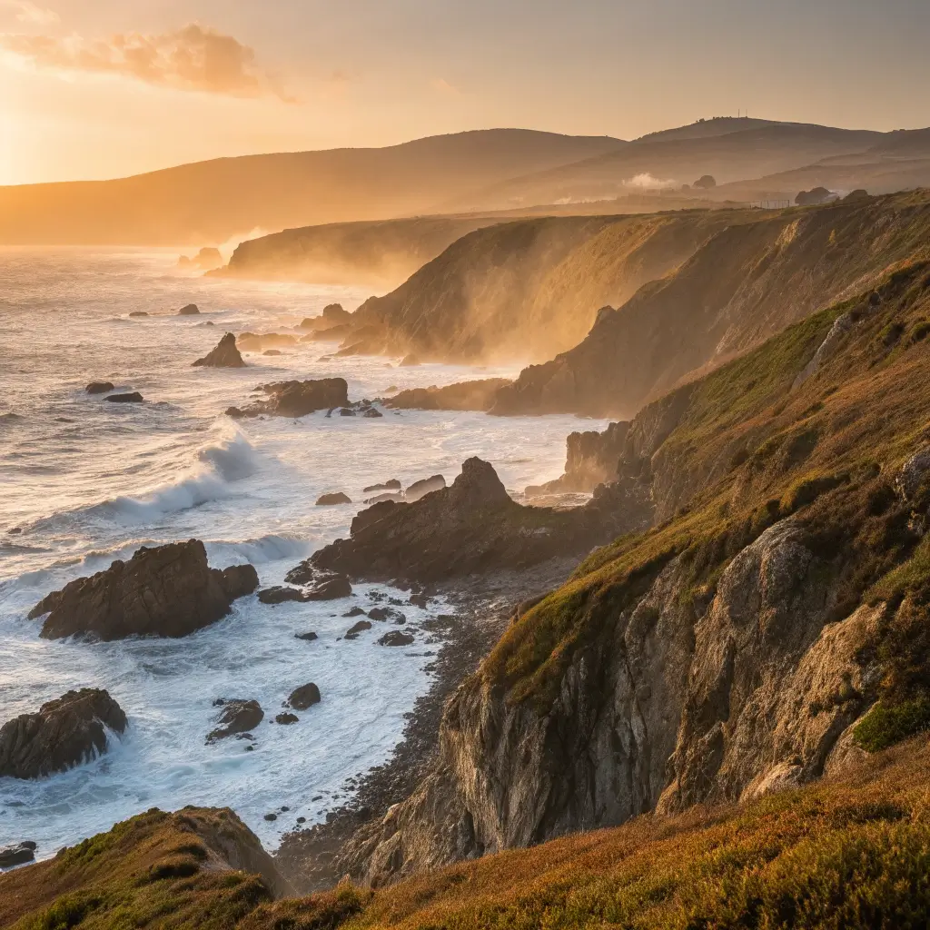 Dramatic sunrise at Bodega Head displaying rugged cliffs, misty ocean waves crashing on shoreline, with golden light illuminating the Pacific coastline