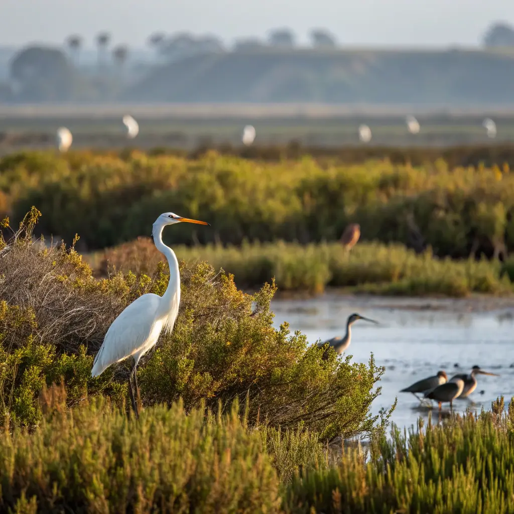 Diverse bird species in sharp focus amid marshland vegetation at Bolsa Chica Ecological Reserve under soft morning light