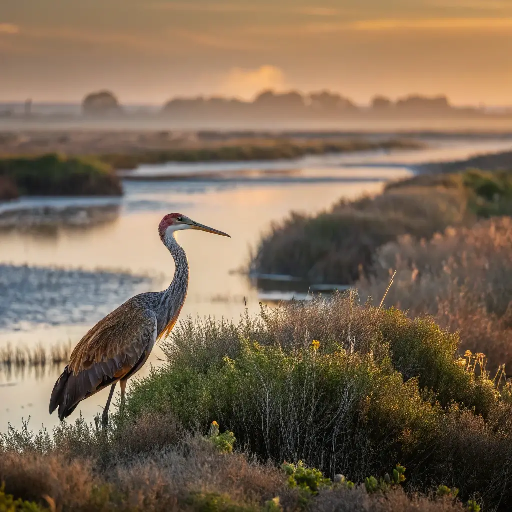 Rare bird species captured in its natural habitat at Bolsa Chica Reserve, surrounded by wetlands, marshgrass, and native vegetation in the soft glow of early morning light.