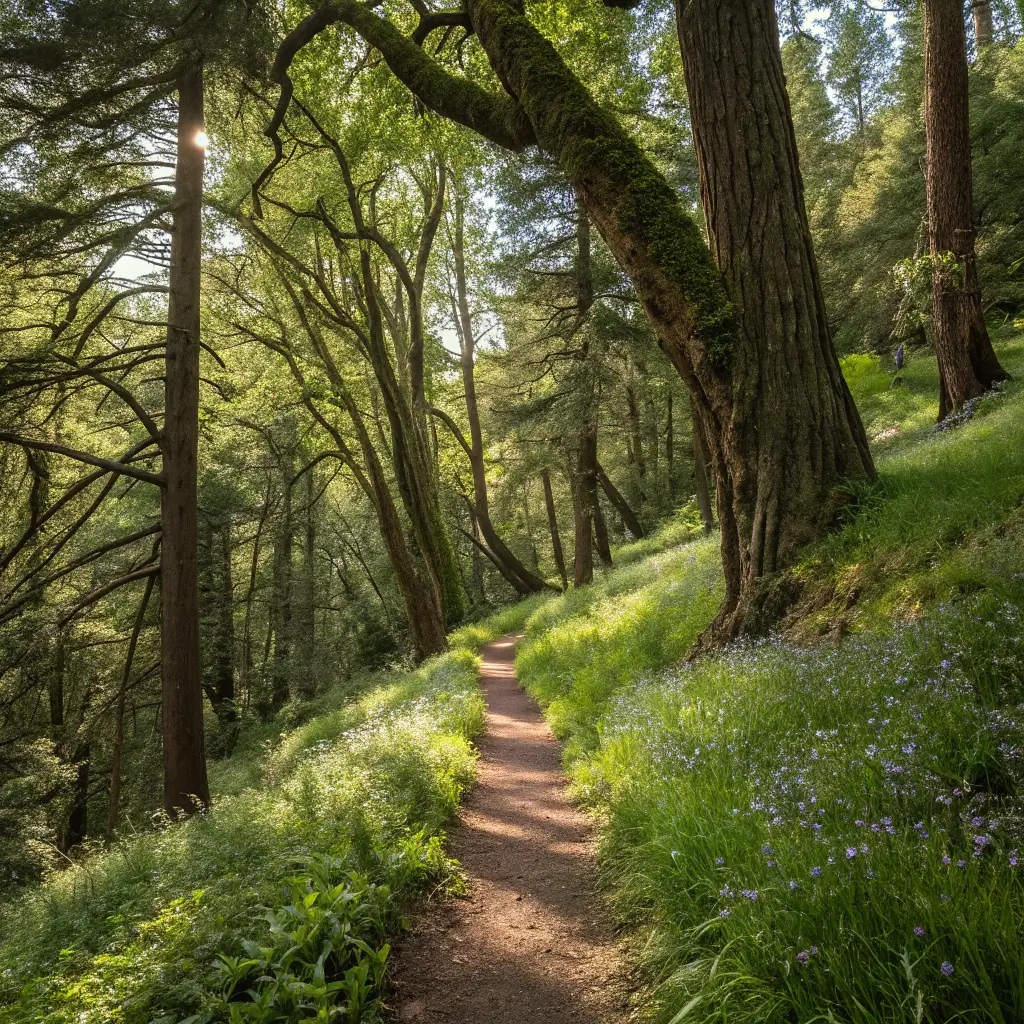Sweeping nature trail in Bothe-Napa Valley State Park with sunlit oak and redwood forest and wildflowers along trail edges
