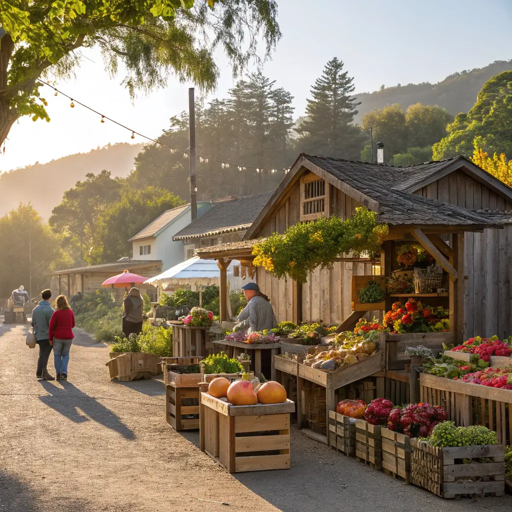 12 Jaw-Dropping Free Adventures in Calistoga That Will Blow Your Mind (Without Blowing Your Budget) Farmers market scene in rural California with local artisans, fresh produce stalls, vibrant fruits and vegetables, and morning sunlight.