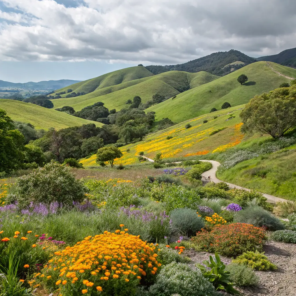 Unlock Berkeley's Hidden Treasures: 25+ Mind-Blowing Free Experiences You Can't Miss Panoramic view of the Regional Parks Botanic Garden displaying California's native plants, colorful wildflowers, green hills and various botanical specimens.
